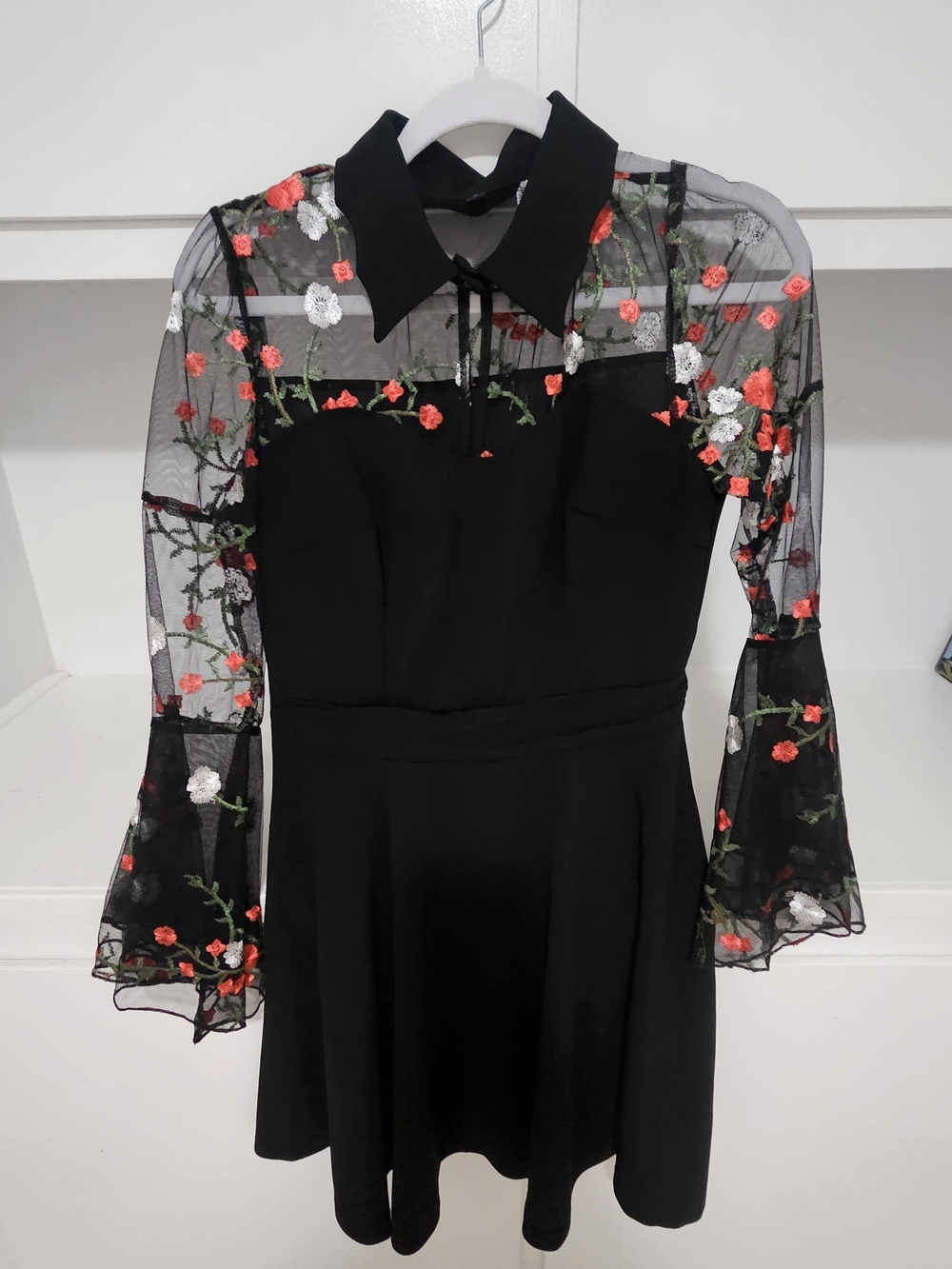 Black Floral Mesh Sleeve Fit-&-Flare Dress